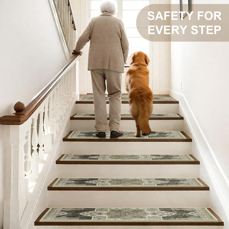 Non Slip Stair Treads for Wooden Steps Indoor, Begie, 15pcs, 30"X8", Soft Carpet Mat, Machine Washable Boho Carpet Treads with Reusable Adhesive Backing, Safety Stair Tread for Dog, Kid, Elder 30"x8" 15