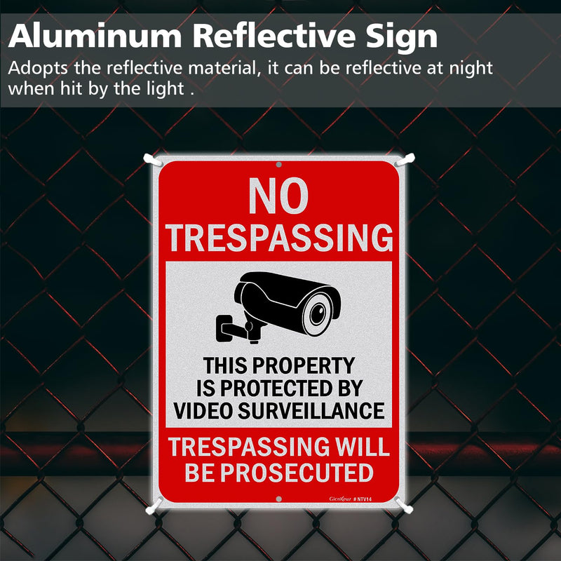 Large Video Surveillance Signs, 14x10 Inches No Trespassing Sign Private Property Sign, Reflective Aluminum, Fade Resistant,Indoor or Outdoor Use (4-Pack) 4 Pack