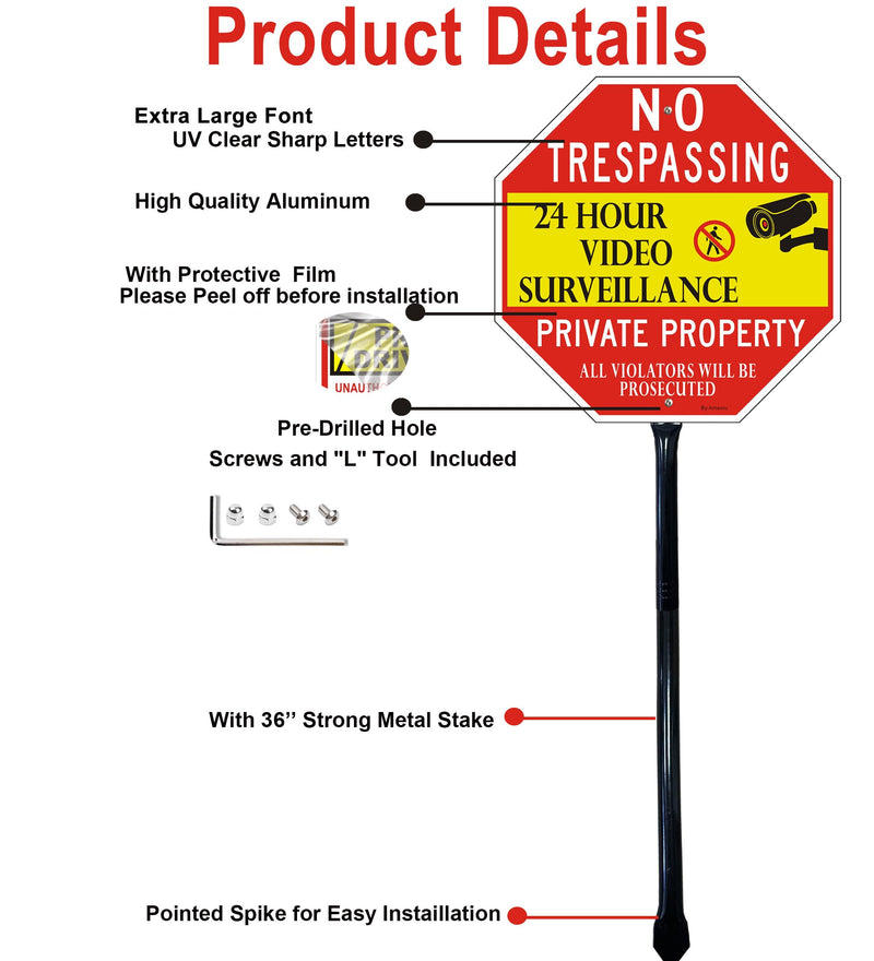 Large No Trespassing Sign Private Property with 36" Metal Stake - 12 x 12 Inches 24 Hour Video Surveillance Signs, Rust-Free& Fade Resistant Aluminum (1 Pack) 12"x12"- 1Pack with Stong stake Red