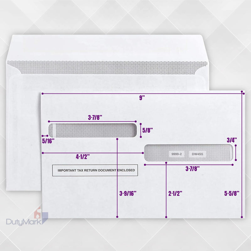 50 W2 Envelopes, for 4-Up Style W-2 Forms, Double Window, Security, Self Seal Envelope, W-2 Tax Form Envelopes 50 Pack