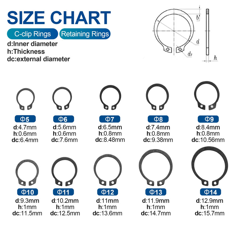 [Australia - AusPower] - NINDEJIN Snap Ring Shop Assortment, 310PCS External Retaining Rings 5-14mm (0.20''-0.55'') Carbon Steel Snap Retaining C Clip Rings Kit for Grooved Shafts, Studs, and Other Moving Parts 310PCS (5-14mm) 