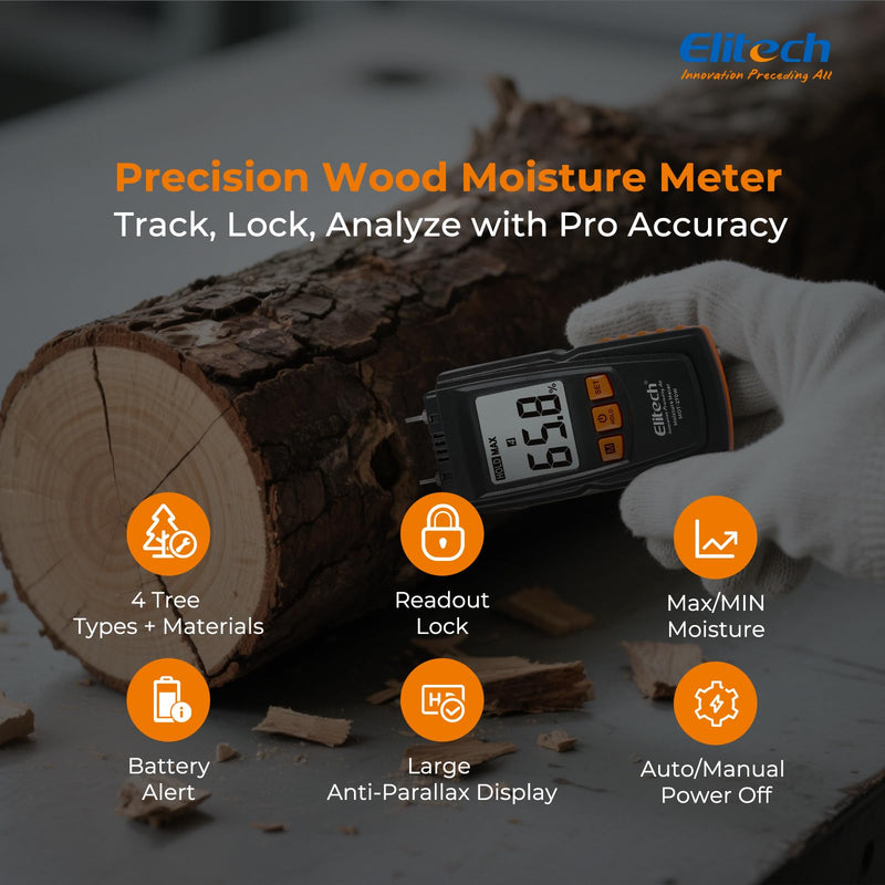 [Australia - AusPower] - Elitech Digital Moisture Meter Water Leak Detector with Pin Probes, Moisture Tester for Wood Floors Walls with 4 Wood & Material Modes, Hold Function, Max/Min Reading MOT-270W 