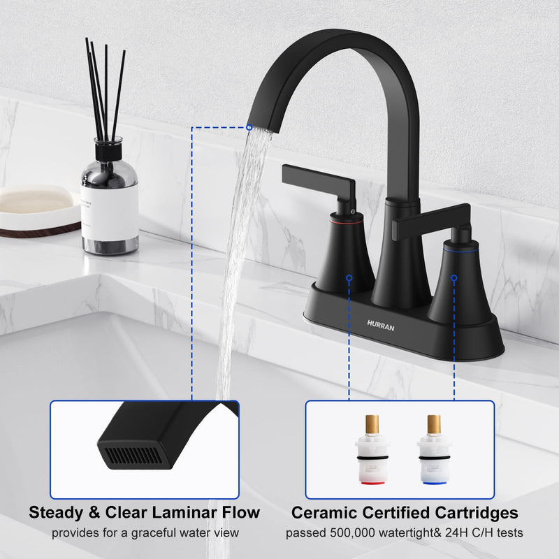 Hurran 4 inch Waterfall Bathroom Faucets with Pop-up Drain and Supply Lines | Matte Black Centerset Bathroom Sink Faucet, Stainless Steel 360 Swivel Bathroom Faucets for Sink 3 Hole Vanity RV Restroom