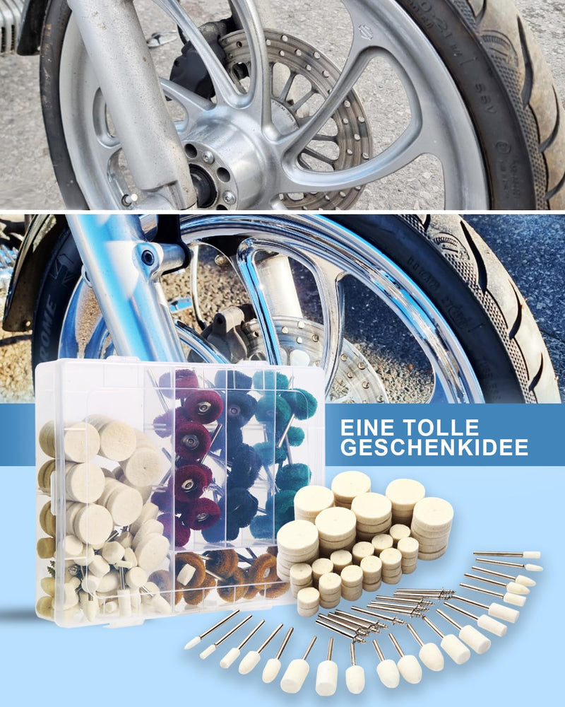 140 Pieces Multifunctional Wool Felt Polishing Bits for Dremel with Dremel Grinding Attachments, Wool Felt Polishing Wheel, Polishing Attachment, Cordless Screwdriver, for Metal, Bike, Wheel Hub, Includes Storage Box