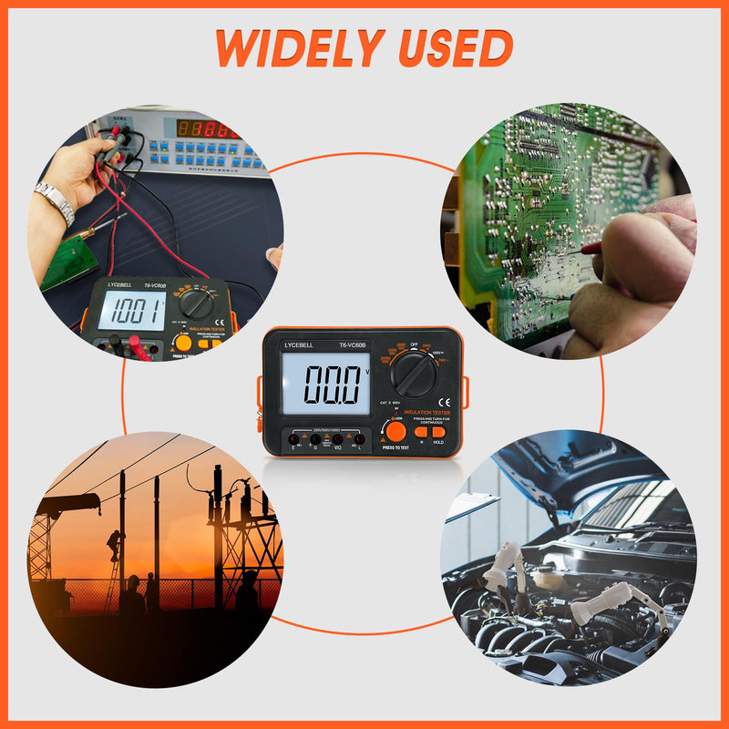 [Australia - AusPower] - LYCEBELL Digital Insulation Resistance Tester LC-VC60B Megohmmeter 0.1~200 MΩ Insulation Tester with Backlight Display, DC 250V/500V/1000V, AC 750V Test Voltage with Sound Light Alarm Function 