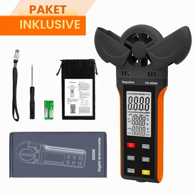 Digital Anemometer Handheld Wind Speed Meter Gauge Measures Humidity/Temperature/Wind Speed with MAX/MIN/AVG for HVAC, Sailing, Surfing, Drone RQ-5000K