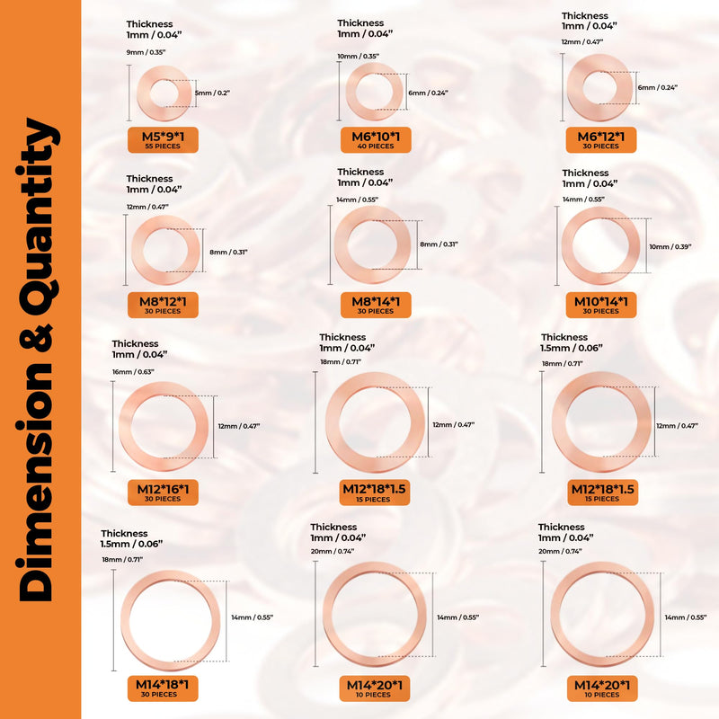 [Australia - AusPower] - 325 PCS, 10 Sizes, Premium Copper Metric Sealing Crush Washers Assortment Kit, Upgraded Flat Ring Oil Drain Plug Crush Washer Gasket Seal Assortment Set, Banjo Bolt Washer for Automotive, Motorcycles 