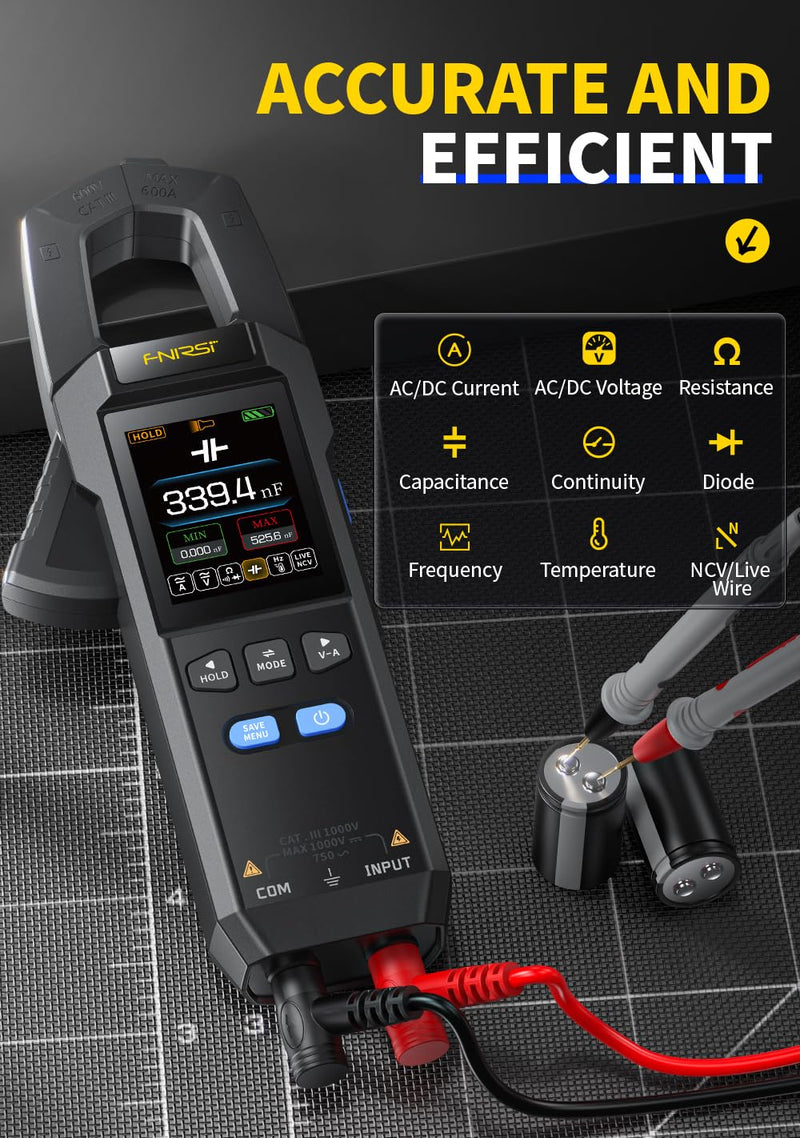 [Australia - AusPower] - FNRSI DMC-100 Digital Clamp Meter Multimeter 10000 Counts for AC/DC Current/Voltage/Diode/Resistance/Capacitor/Continuity/Temperature/Frequency/Zero Live Wire/NCV Test with Flashlight Blacklight 