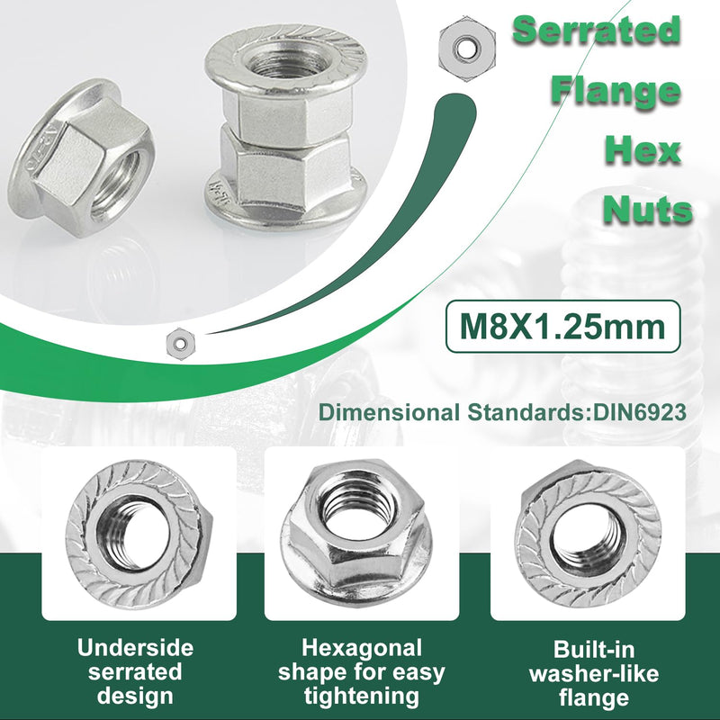 [Australia - AusPower] - M8 Serrated Flange Nut, 15pcs M8-1.25mm Hexagon Flange Nuts, 304 Stainless Steel, Metric Hex Nuts Fasteners, Right Hand, Replacement Lock Nut for DIY Home Mechanism M8-1.25 