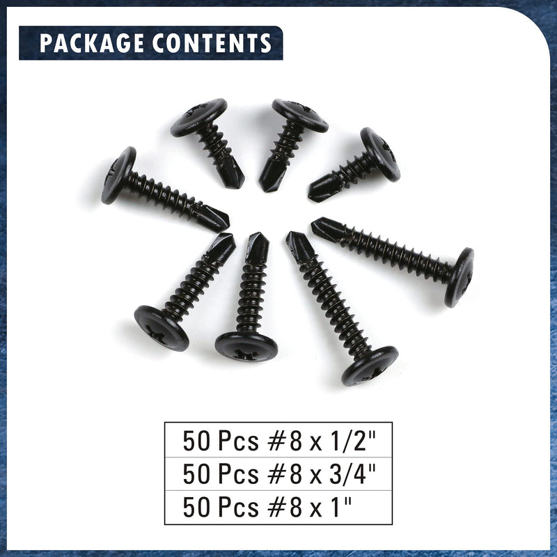 [Australia - AusPower] - 410 Stainless Steel #8 Self Drilling TEK Screw Assortment Kit, Hex Washer Head & Modified Truss Head, Self Tapping Sheet Metal Screws, Length 1/2" 3/4" 1" 150 PCS - Black Oxide #8 Assortment Set 