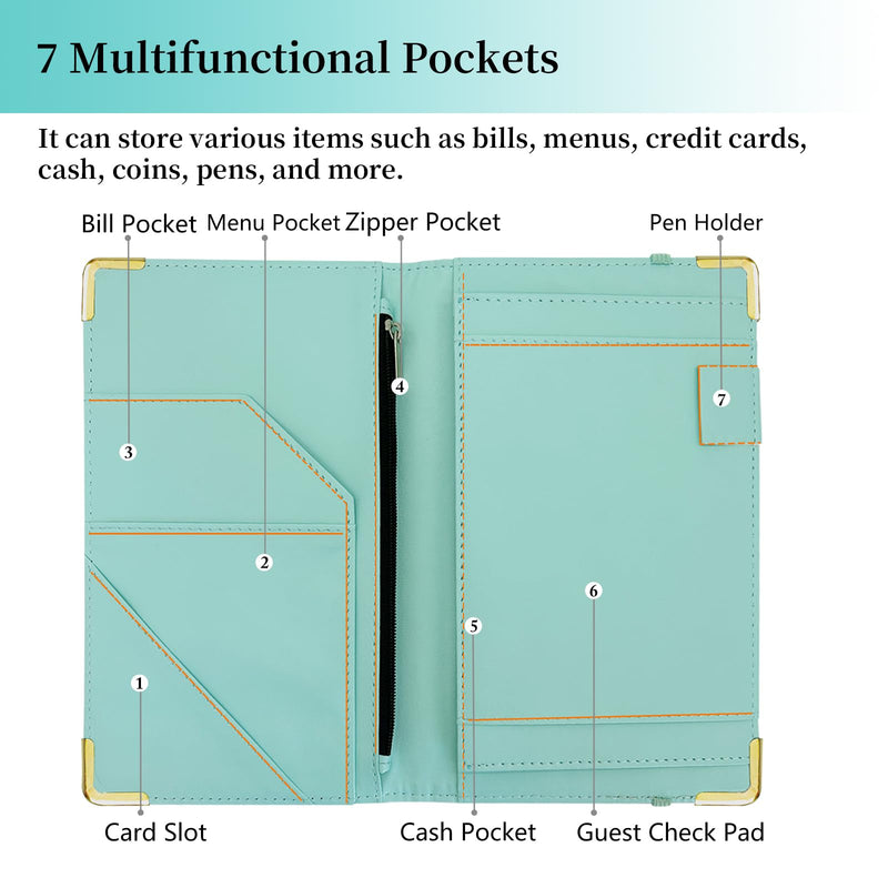 [Australia - AusPower] - Server Book, Cutaswish Server Books for Waitress Cute, Waiter Receipt Book, PU Leather Waitress Book with Zipper Pocket, Waitress Accessories(Marble Green) F 