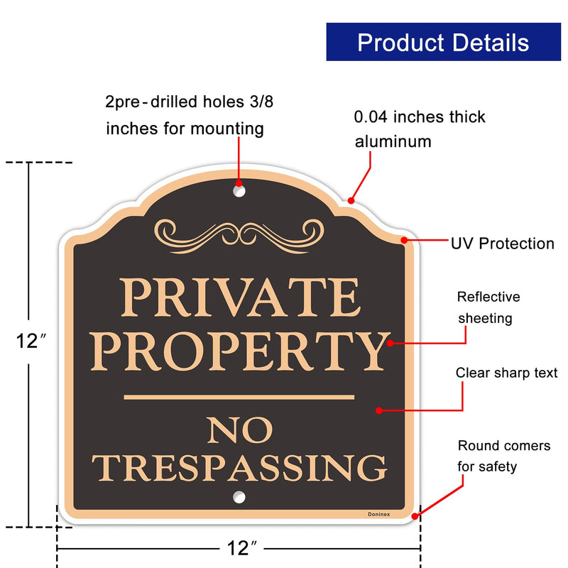 Large (4 Pack) Private Property No Trespassing Sign, 12x12 Inches Reflective Aluminum, Metal, Outdoor Weatherproof, Easy to Install 12x12 Inch 4-Pack