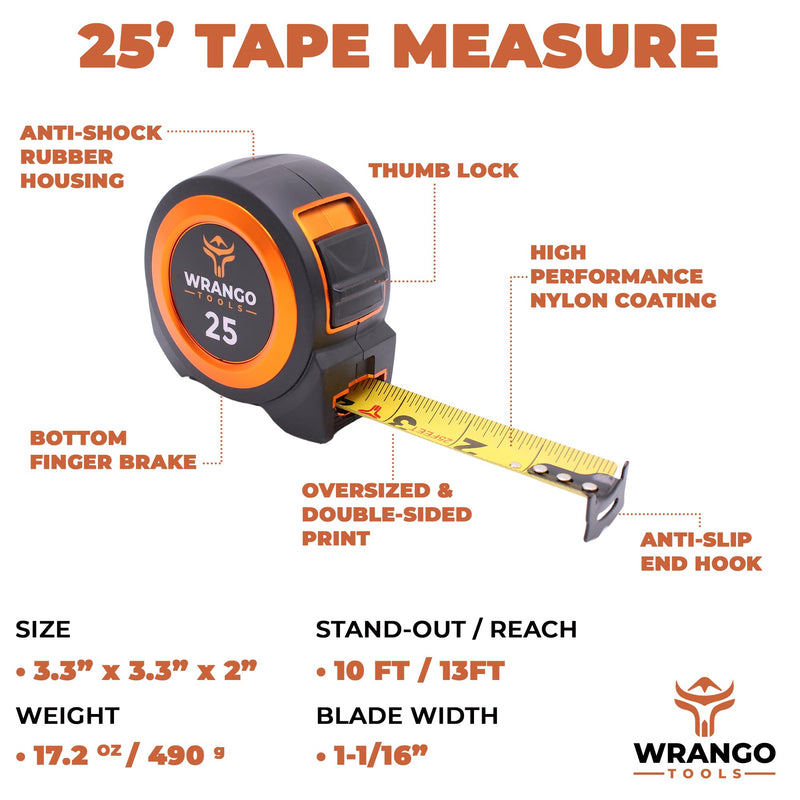 Wrango Tools 25 FT Tape Measure - Retractable Measuring Tape - Oversized & Double-Sided Print - Blade Lock, Finger Brake - Nylon Coating, 10' Stand-Out - 13' Reach / 1-1/16" Blade - 2 PACK 25 FT (2PK) Two Pack