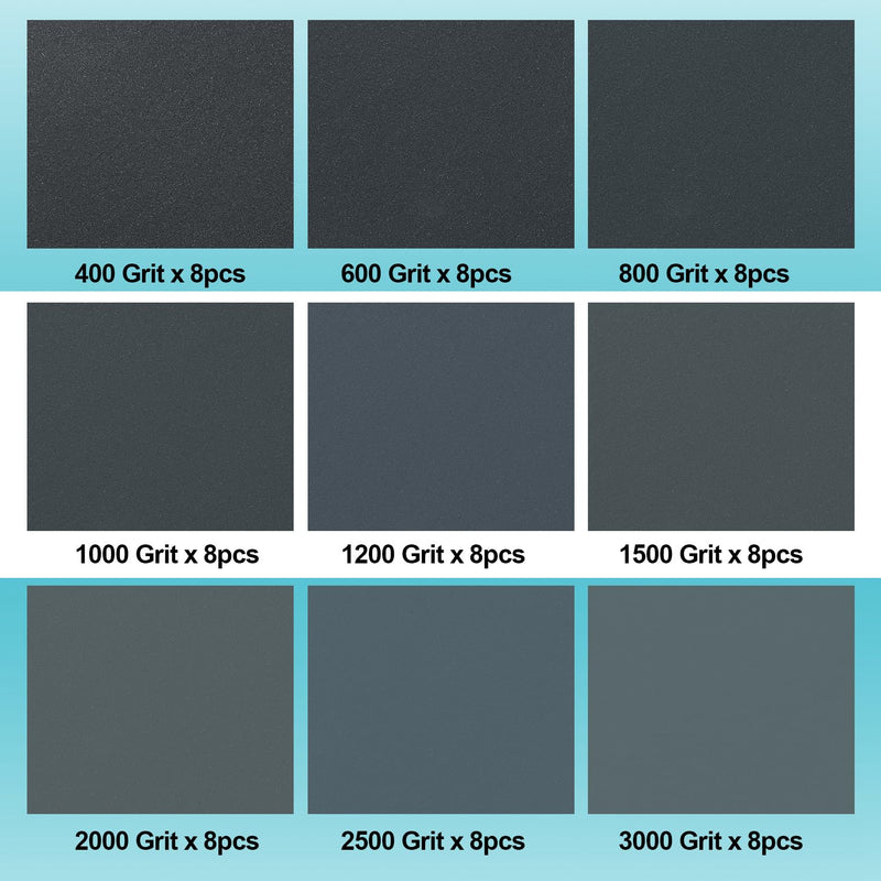 [Australia - AusPower] - Sandpaper Set, Wet and Dry Sandpaper 23 x 9 cm, Grit 400 600 800 1000 1200 1500 2000 2500 3000, Fine Sandpaper for Car Metal Wood Varnish Walls Glass Sanding Finishing (72 Pieces) 72 