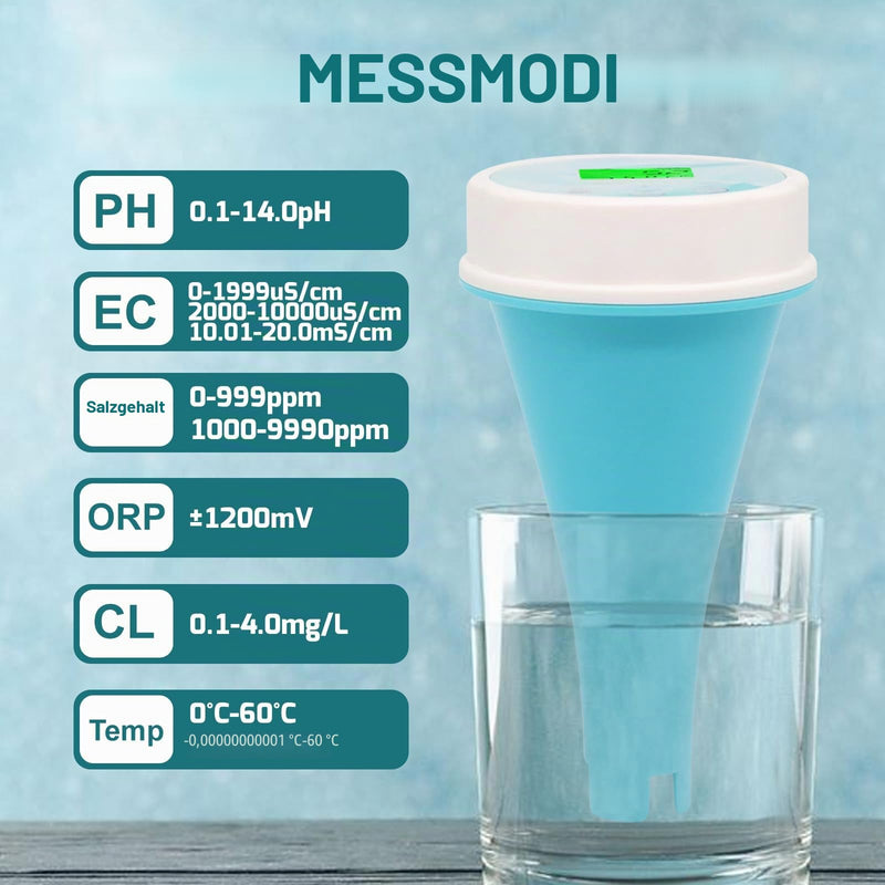 6-in-1 Digital Floating Water Monitor with Bluetooth | Real Time PH, EC, ORP, Chlorine, Salinity and Temperature Tests | 1000 Data Sets, Waterproof IP67, 24-Hour Monitoring