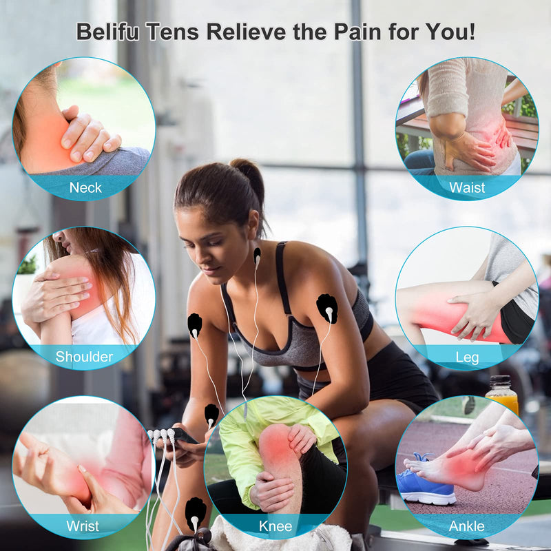 Belifu 4 Independent Channel TENS EMS Unit, 24 Modes,30 Level Intensity Muscle Stimulator Machine, Rechargeable Electric Pulse Massager with 10 Pads&5 Set Leads Wires, for Pain Relief Therapy(Black) Black