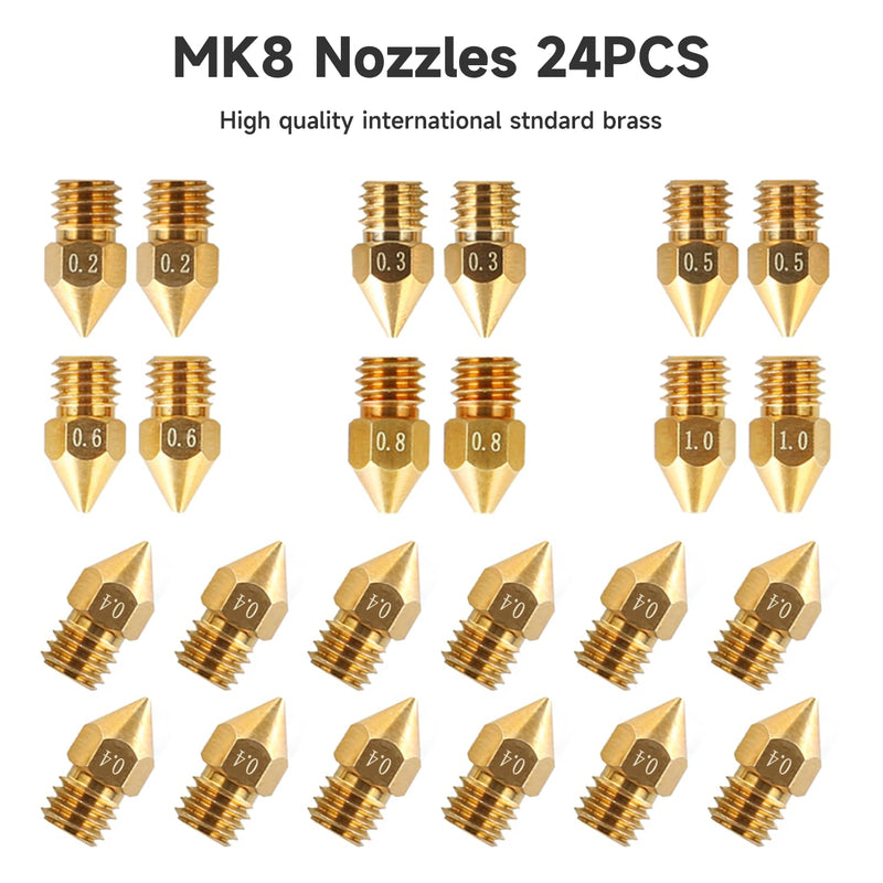 Creality Official MK8 Nozzles 24 pcs 3D Printer Brass Nozzles for Ender 3 Series, Ender 5 Series and CR-10 with 0.2mm, 0.3mm, 0.4mm, 0.5mm, 0.6mm, 0.8mm, 1.0mm Nozzles Kit