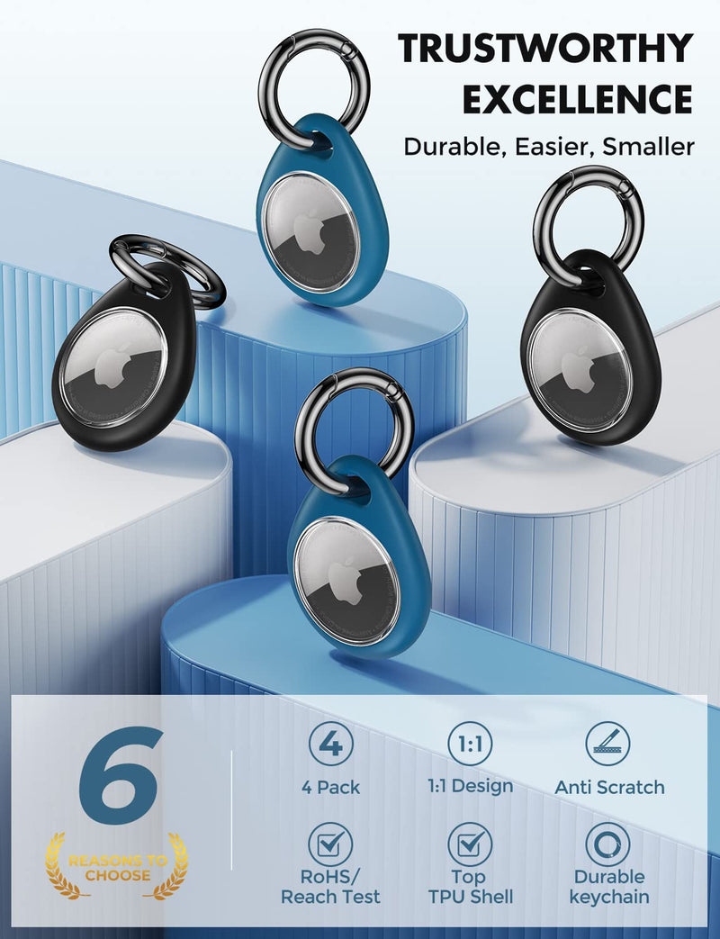 [Australia - AusPower] - UNBREAKcable Apple AirTag Holder - 4 Pack [Fit Tightly Design] [Easy to Install] [Hold Air Tag Securely] Waterproof TPU Shell Protective Case with All Metal Keychain Key Ring Clip Black & Blue 