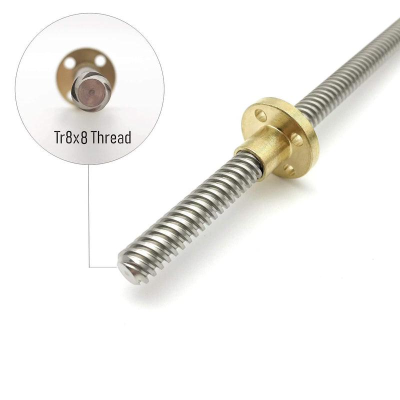 2PCS 500mm（19.69 Inches）Tr8x8 Lead Screw with T8 Brass Nut (Acme Thread, 2mm Pitch, 4 Starts, 8mm Lead) for LCD DLP SLA 3D Printer Z Axis and CNC Machine 2pcs Tr8X8