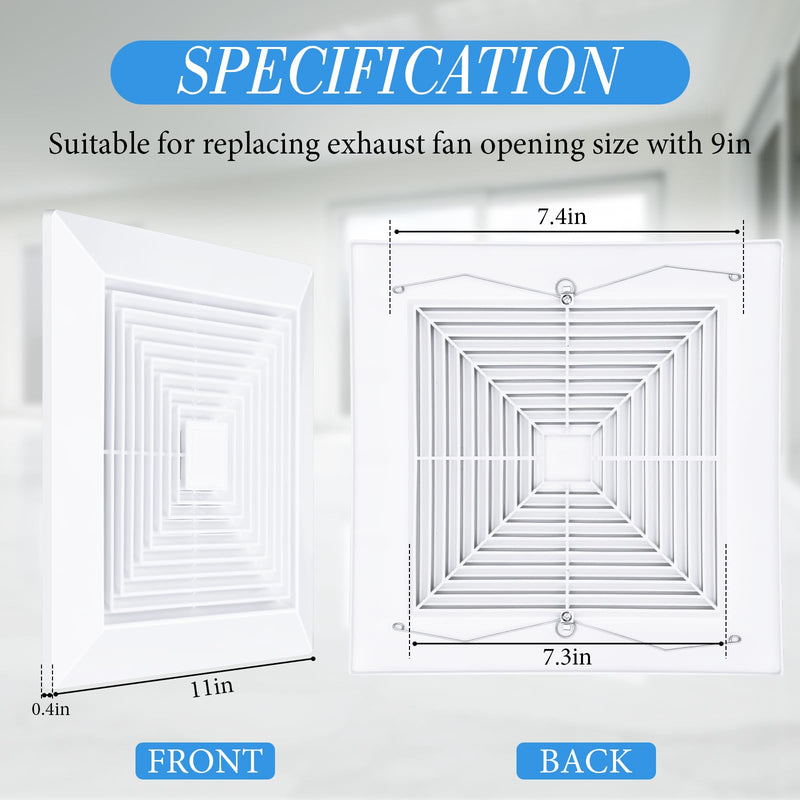 Baquler 2 Pcs 11 x 11'' Exhaust Bathroom Fan Cover with Springs Square Ceiling or Wall Mounted Ceiling Grill Vent Fan Fits Models 663 670 671 675 688 689 Ventilation Cover Replacement Accessories 11 x 11''