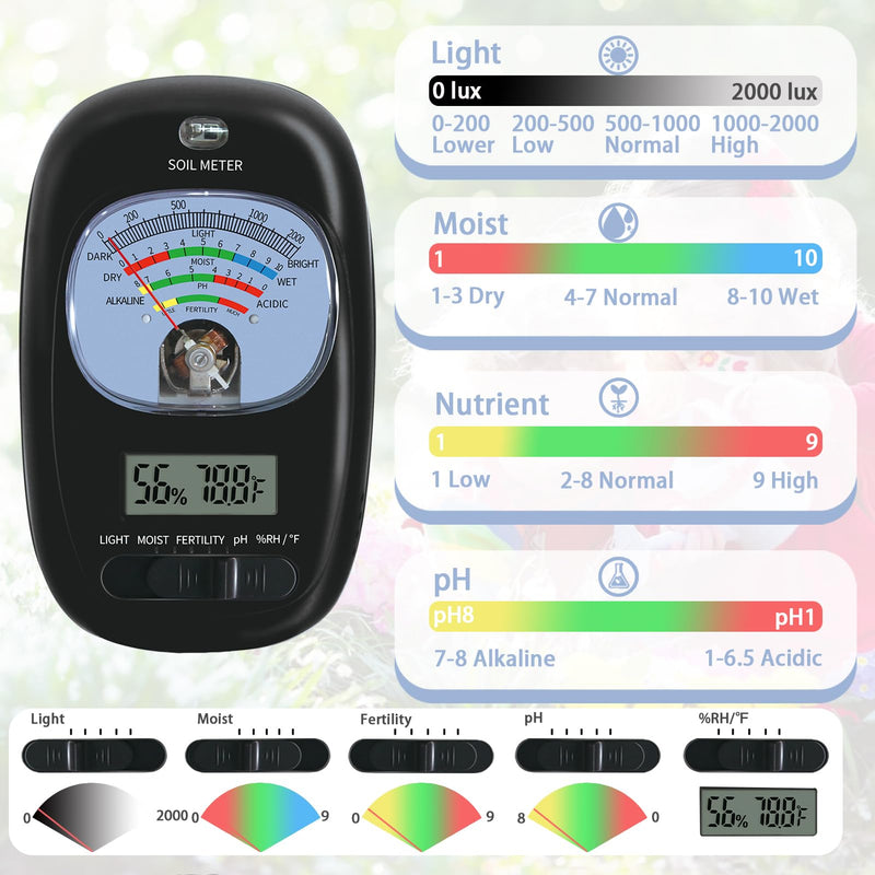 [Australia - AusPower] - 7-in-one Soil Test Kit, Soil Moisture Meter/PH Meter/Sunlight Intensity/Fertility Soil Tester, LCD Display Air & Soil Hygrometer Temperature for Hous Plants Garden, Farm, Lawn Care Moisture Meter Sepia New 