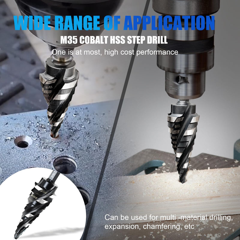 M35 Four Spiral Flute Step Drill Bit Set 1/8"-7/8"(3 pcs), 1/4" Hex Shank Unibit Step Drill bit, Impact Resistant M35 Cobalt Step Drill Bit, for Stainless Steel, Wood, Aluminum, Plastic Spiral 1/8"-7/8"