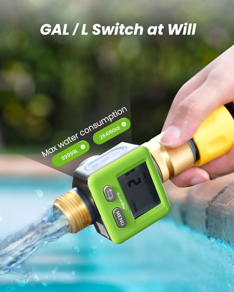 [Australia - AusPower] - RAINPOINT Water Flow Meter, ±5% Accuracy, Pure Brass Inlet & Outlet Water Meter, 180° Screen-Flip, 4 Measure Modes for Outdoor Garden Hose, Lawn Sprinkler Watering, RV Water Tank Filling, Green 
