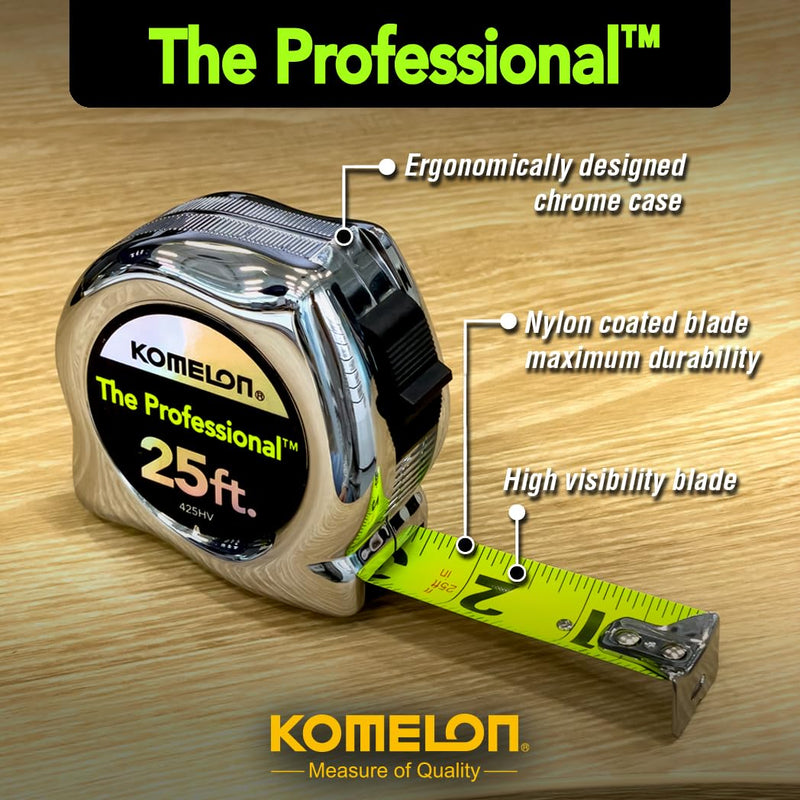 Komelon 425HV High-Visibility Professional Tape Measure, 25-Feet by 1-Inch, Chrome 7.6 m