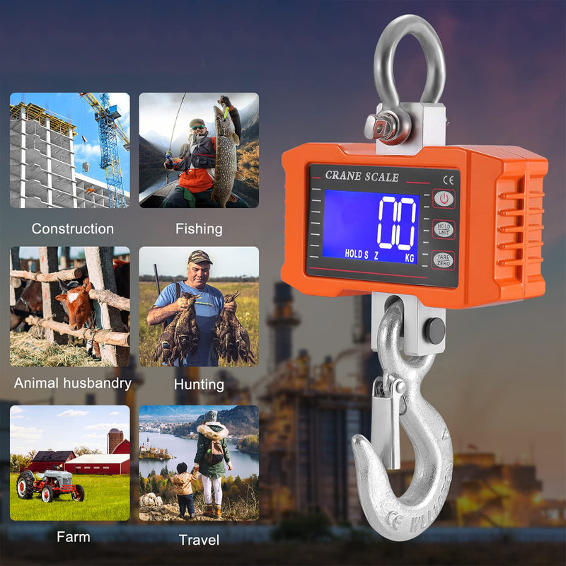 [Australia - AusPower] - Hanging Scales with Remote Control 1000 kg 2200 lbs, Digital Hanging Scales Electronic Crane Scales with Accurate Reload Spring Sensor & LCD Display, Mini Portable Scales with Hooks for Farm, Factory, 