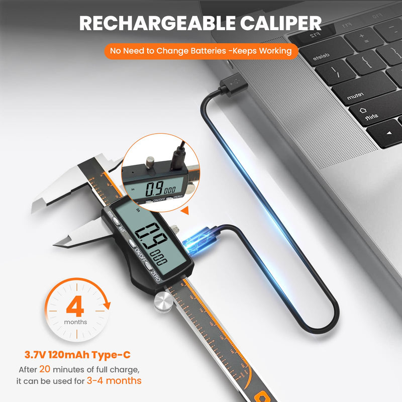 [Australia - AusPower] - HARDELL Digital Caliper, Rechargeable Calipers with Large LCD Screen, Stainless Steel Caliper Measuring Tool, Auto-Off Micrometer, Inch/MM/Fraction for DIY/Household/3D-printing 