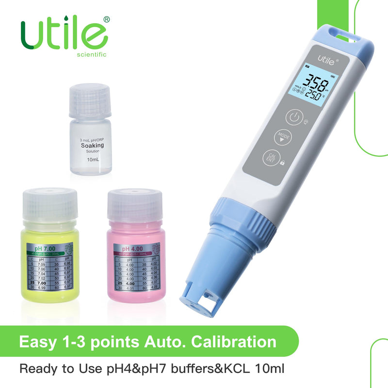 Utile pH Meter,±0.01pH Accuracy pH Tester Kit, Auto Temp. Compensation, Auto 1-3 Points Calibration,Waterproof,LCD Display,4434.0003.1