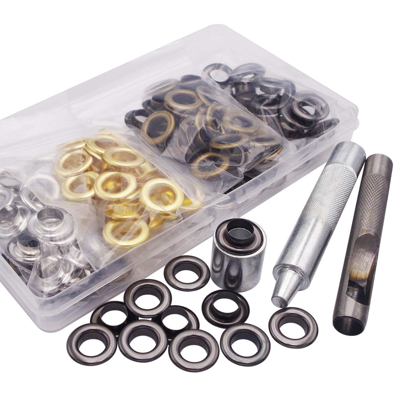 Wolfride 100 Sets Brass Grommet kit 10mm 3/8" Inside Diameter Canvas Fabric Grommet Kit Tarp Eyelet kit (4 Colors)