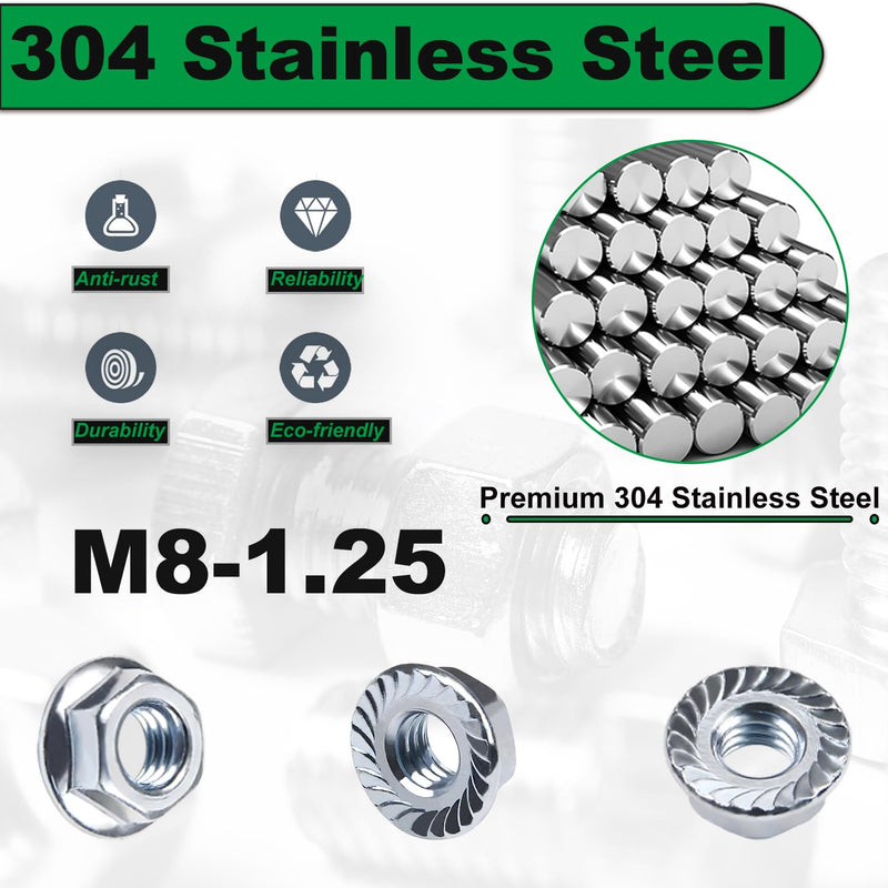 [Australia - AusPower] - M8 Serrated Flange Nut, 15pcs M8-1.25mm Hexagon Flange Nuts, 304 Stainless Steel, Metric Hex Nuts Fasteners, Right Hand, Replacement Lock Nut for DIY Home Mechanism M8-1.25 
