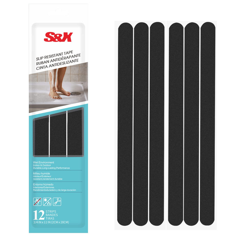 S&X Non Slip Safety Stickers,Gritty Textured Slip-Resistant Treads,0.75-Inch by 11-Inch,12 Strips Per Pack (Black) Black 12