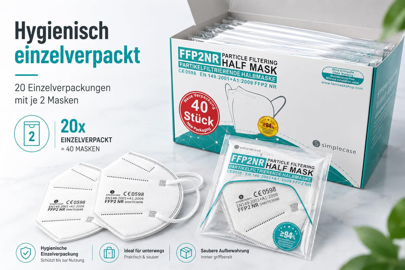 Simplecase 40 x FFP2 Masks, CE Certified by Officially Named Body CE 0598, Respirator Mask, Particulate Filter Mask 1 piece (pack of 40) White