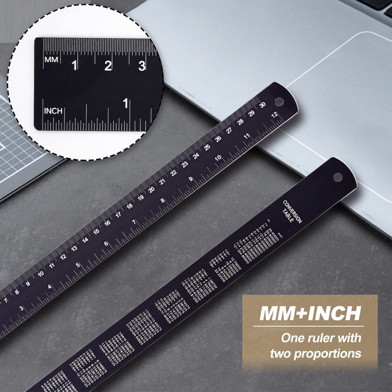 [Australia - AusPower] - Metal Ruler, 30 cm, 15 cm, Steel Ruler, Metal Ruler, Double Scale, Steel Ruler, Set of 2, Edge Measuring Tool Ruler (Black) 