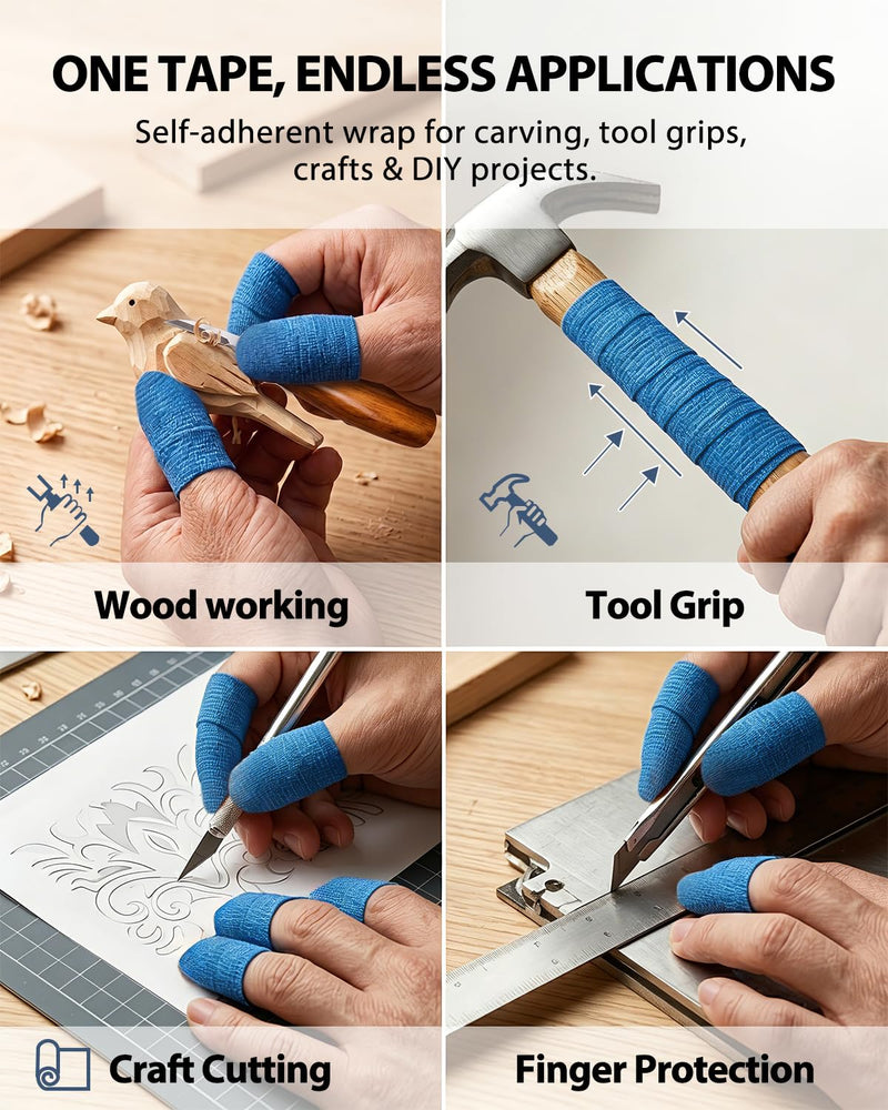Cut Resistant Tape for Wood Carving & Whittling, Knife & Finger Protection, Knifeless Self-Adhesive Wrap, Anti Slip & Anti Abrasion Hand Tape 9 Rolls Blue