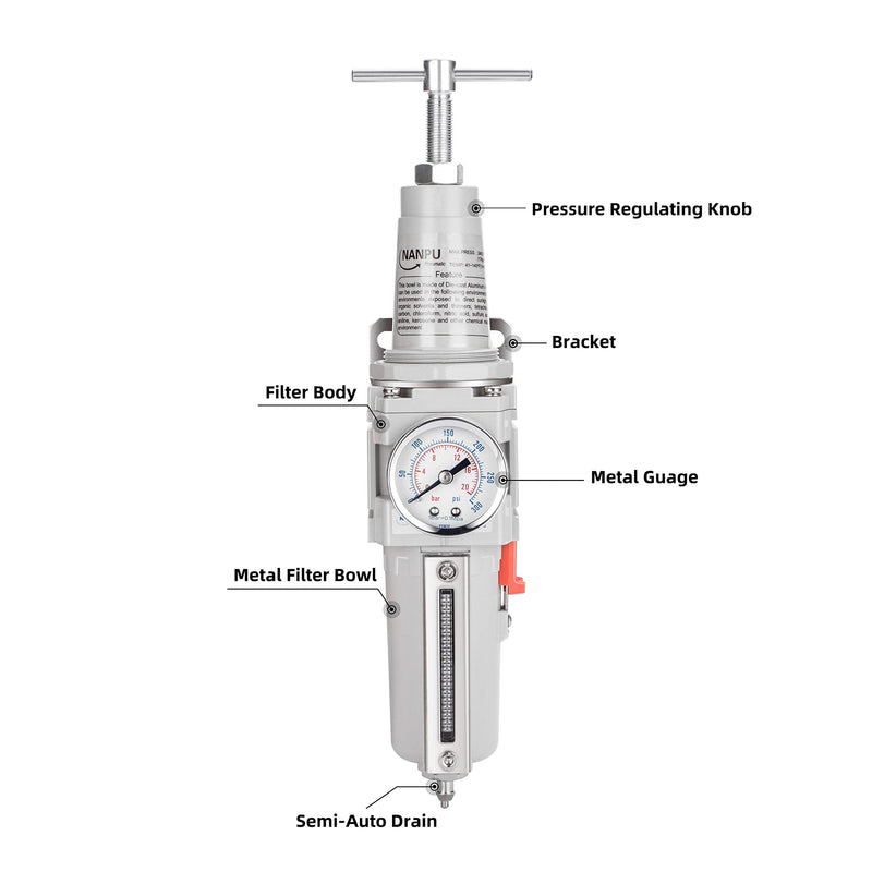 NANPU 3/8" NPT High Pressure Air Filter/Regulator Combo, T-Handle, Semi-Auto Drain, 0-300 Gauge, Metal Bowl (3/8" NPT)