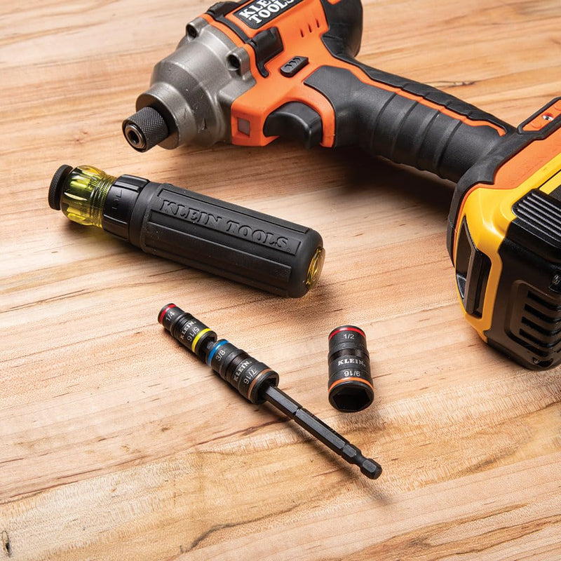 [Australia - AusPower] - Klein Tools 32933 Impact Driver, SAE 7-in-1 Impact Socket Set, Flip Socket with 6 Hex Driver Sizes, Plus Bit Holding Feature 