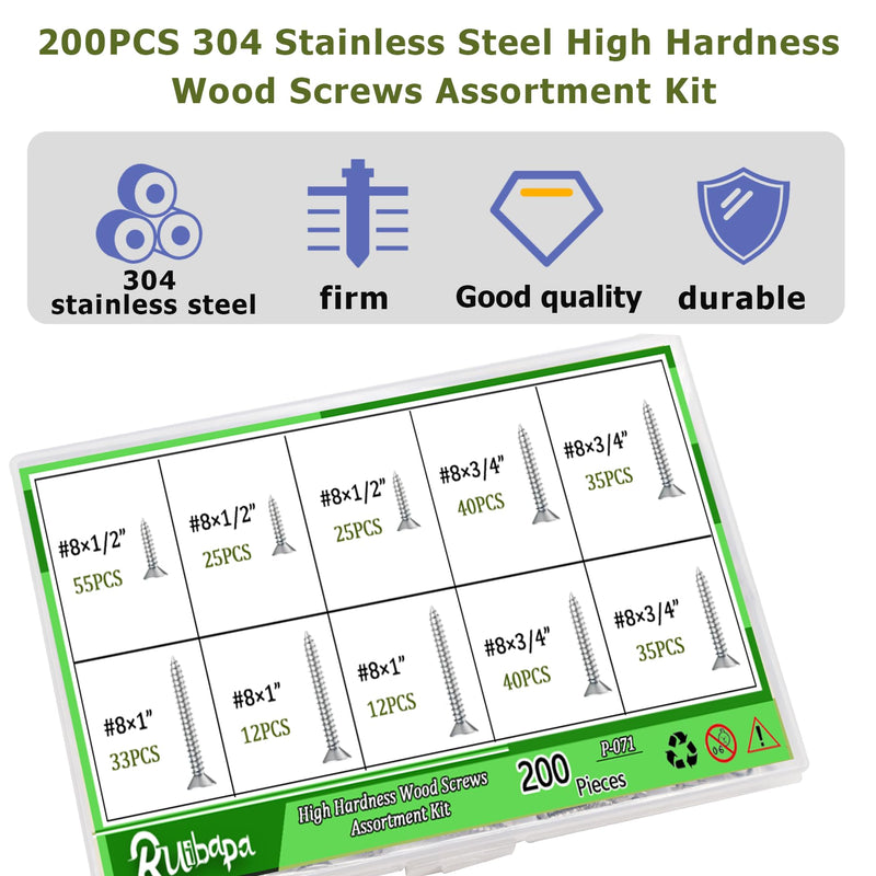 [Australia - AusPower] - 200PCS 304 Stainless Steel High Hardness Wood Screws Assortment Kit, 3 Sizes #8×1/2",#8×3/4",#8×1",Phillips Drive Flat Head, Wood Screws, Screws, Drywall Screws, Assorted Screws, Screws Set 