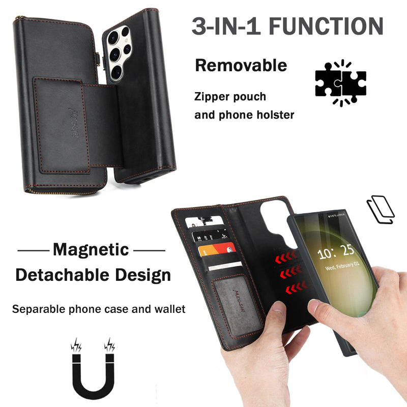 [Australia - AusPower] - for Samsung Galaxy S24 Ultra Wallet Case,Multi-Function Wallet Case, Detachable 3 in 1 Magnetic Galaxy S24 Ultra Case Wallet,Flip Strap Zipper Card Holder Phone Case with Shoulder Straps(Black) Black 