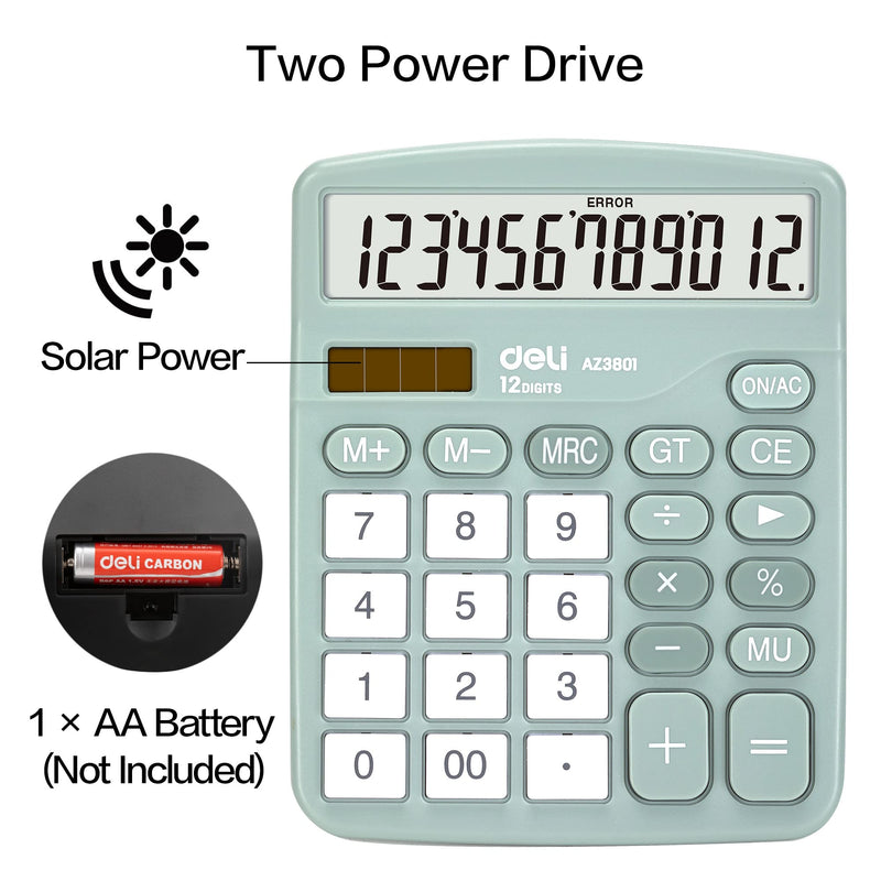 [Australia - AusPower] - Calculator, Deli Standard Function Desktop Calculators with 12 Digit Large LCD Display and Sensitive Button, Solar Battery Dual Power Office Calculator, Green 
