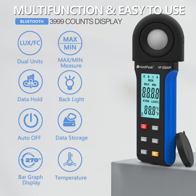 HoldPeak Illuminance Light Meter with Bluetooth, Digital Lux Foot Candles Meter 0.1~400,000 Lux with 270º Rotating Sensor, Lumen Meter Luxmeter for Plants, Car Headlights, Home & Office LEDs 5000APP-with APP Function