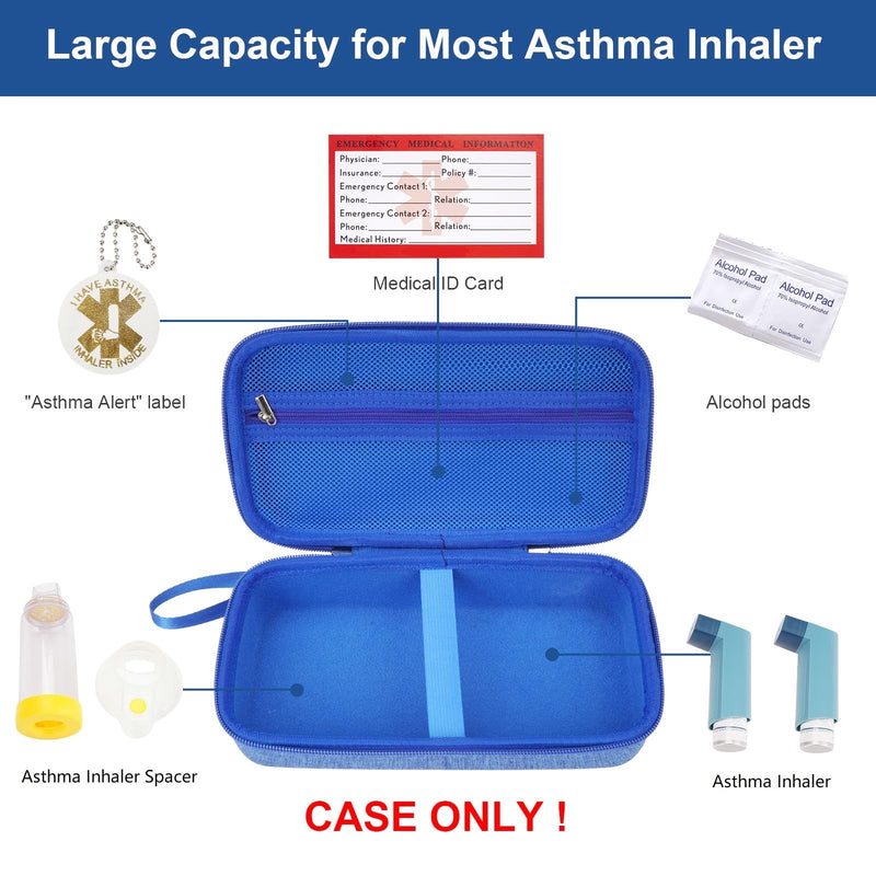 [Australia - AusPower] - YouKnow Travel Carrying Case for Asthma Inhaler, Inhaler Spacer for Adults and Children, Mask, Inhaler Holder with Asthma Warning Label and Medical Card, with Carabiner (Case Only) (Blue) Blue 