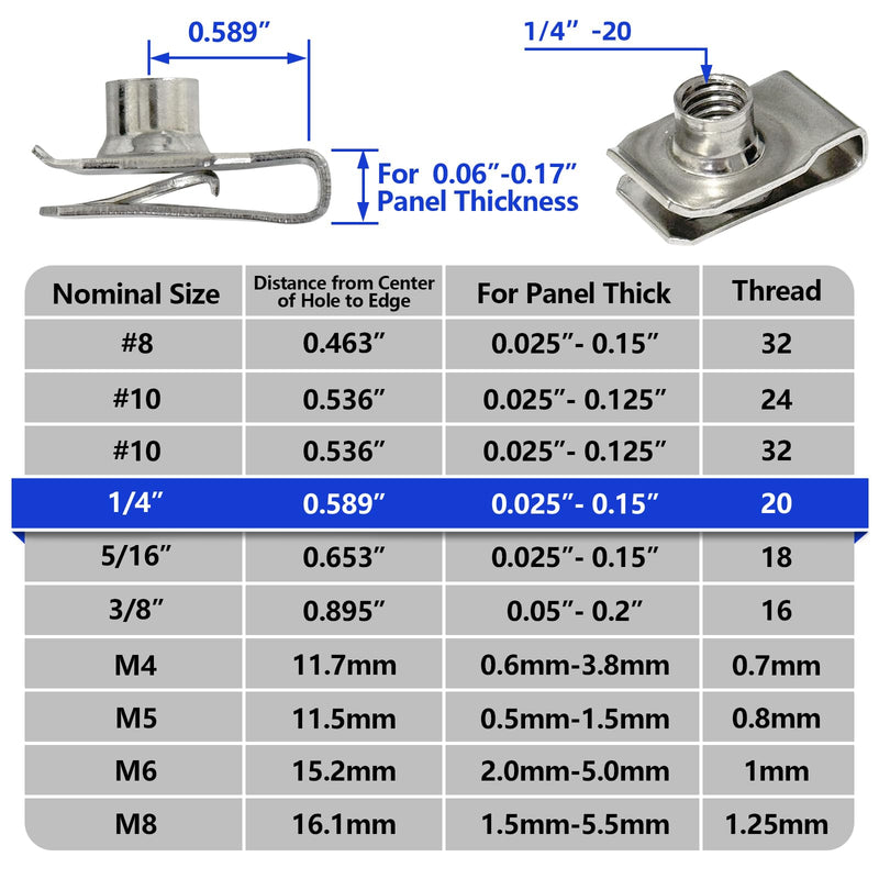 [Australia - AusPower] - 1/4"-20 U-Style Clip-On Nut, U-Type Stainless Steel 18-8 (304) Regular Extruded U-Nut, Pack of 20 1/4"-20 304 Stainless Steel 
