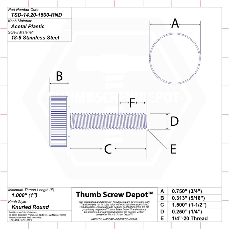 [Australia - AusPower] - 1/4"-20 x 1-1/2" Thumb Screw Stainless Steel - Black Knurled Round Plastic Knob - Standard/Coarse Thread ThumbScrew - Length: 1.500" - Proudly Built in USA - Package of (4) 4 