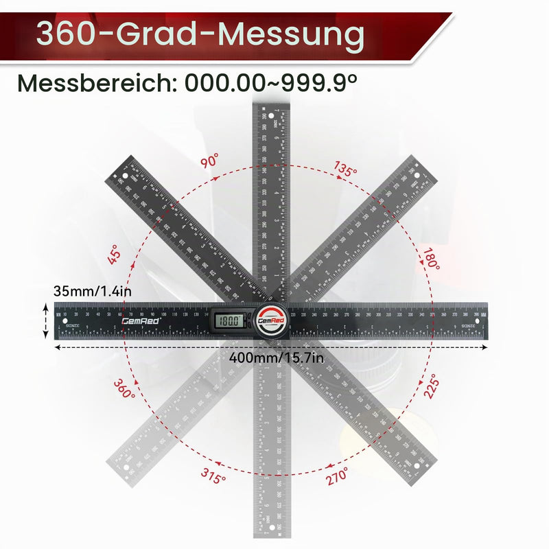 GemRed Digital Protractor with LCD Display, 200 mm Angle Bevel | For woodworking, measurements, construction, decoration and DIY (battery included)