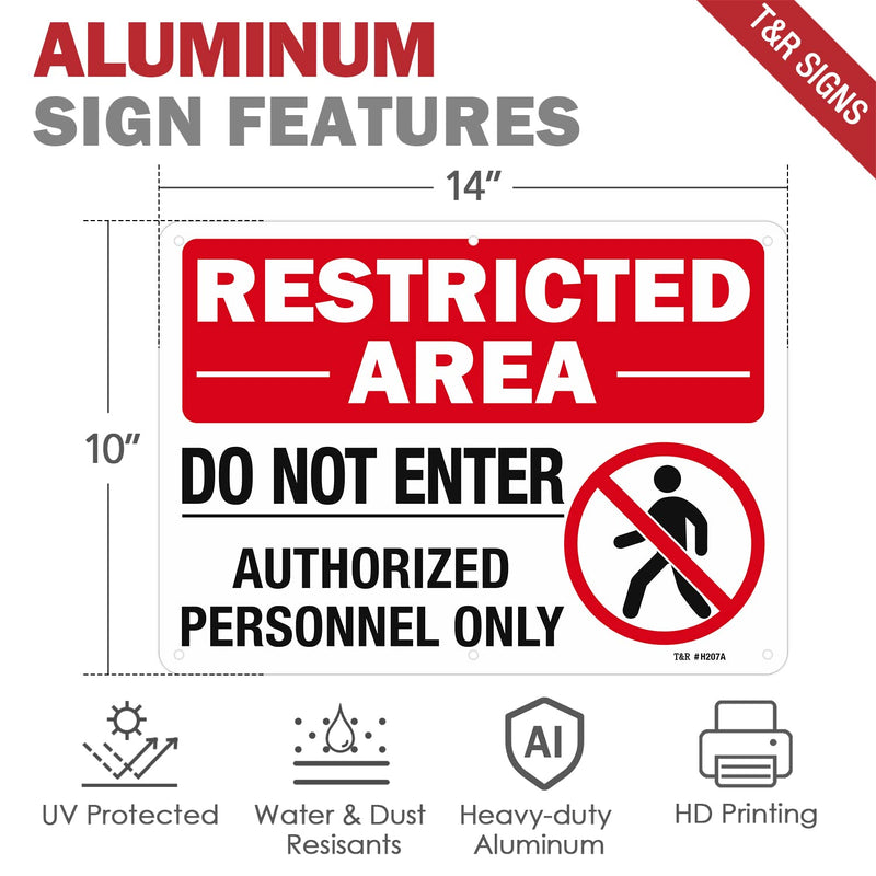 [Australia - AusPower] - T&R Large Restricted Area Do Not Enter Authorized Personnel Only Sign,1 Pack,14x10 Inches Rust Free .040 Aluminum,UV Protected, Waterproof, Weatherproof and Fade Resistant,6 Pre-drilled Holes Red - 14" x 10" - 1 Pack 