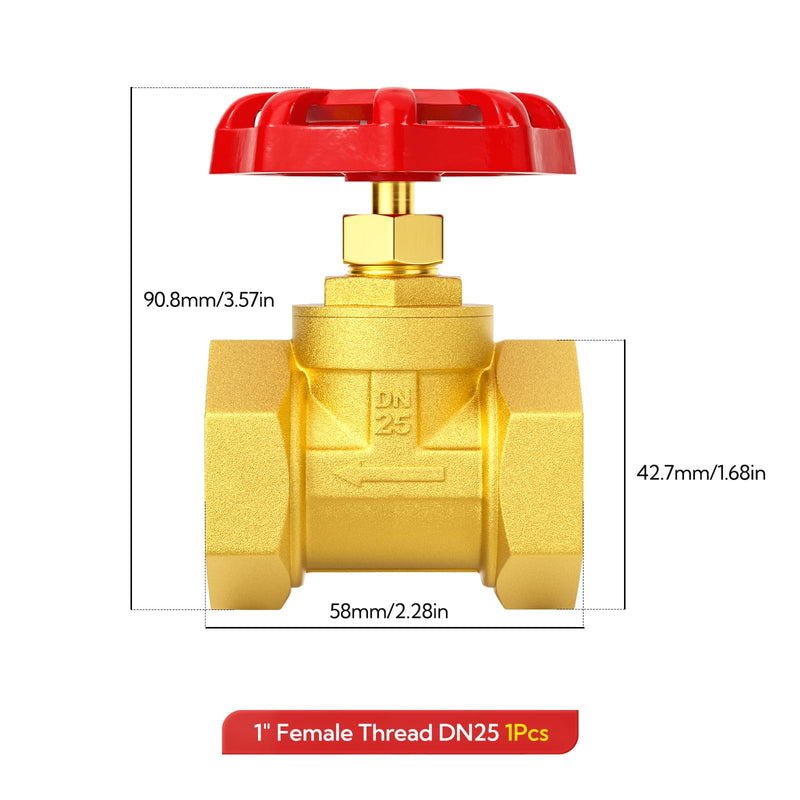 [Australia - AusPower] - 1" Female Thread Brass Industrial Globe Valves, DN25 Heavy Duty Globe Valves Wheel Red Handle with Teflon Tape for Water Oil Air 1" (DN25) 