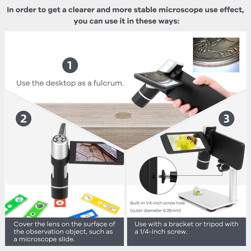 [Australia - AusPower] - Andonstar AD203 Handheld Digital Microscope, Portable Pocket Microscope with 4 inch Screen for Kids and Adults, Black, Electronic FHD Video Microscope, Supports Windows Mac PC, USB Coin Microscope Handheld Black 